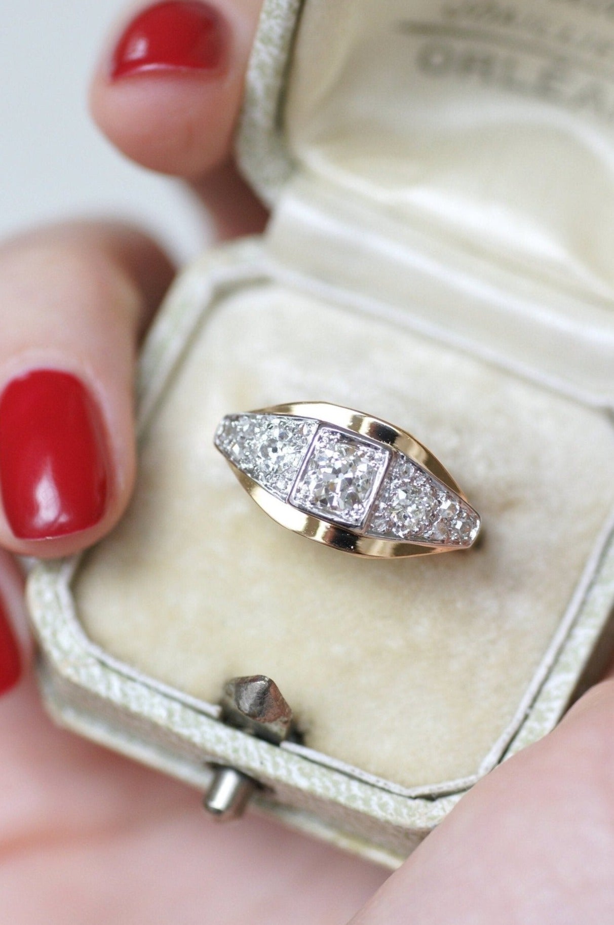 Bague Art Déco Or Blanc 18k Avec Diamants - Taille 52, Monture Géométrique Des Années 1930, Occasion