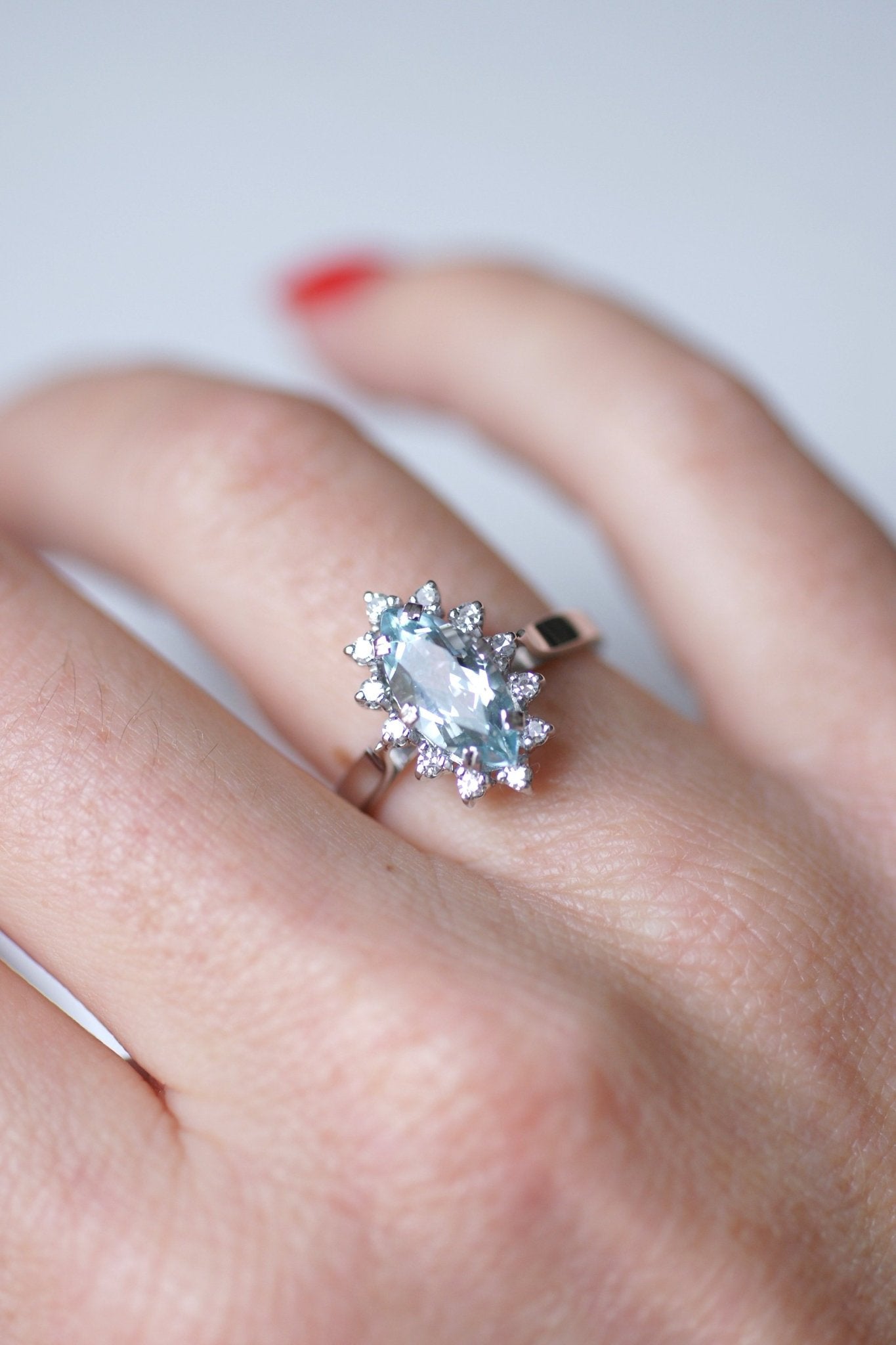 Bague Fleur Marquise Aigue-marine Plaqué Or 18K Taille 56 - Neuf Dolly-Bijoux