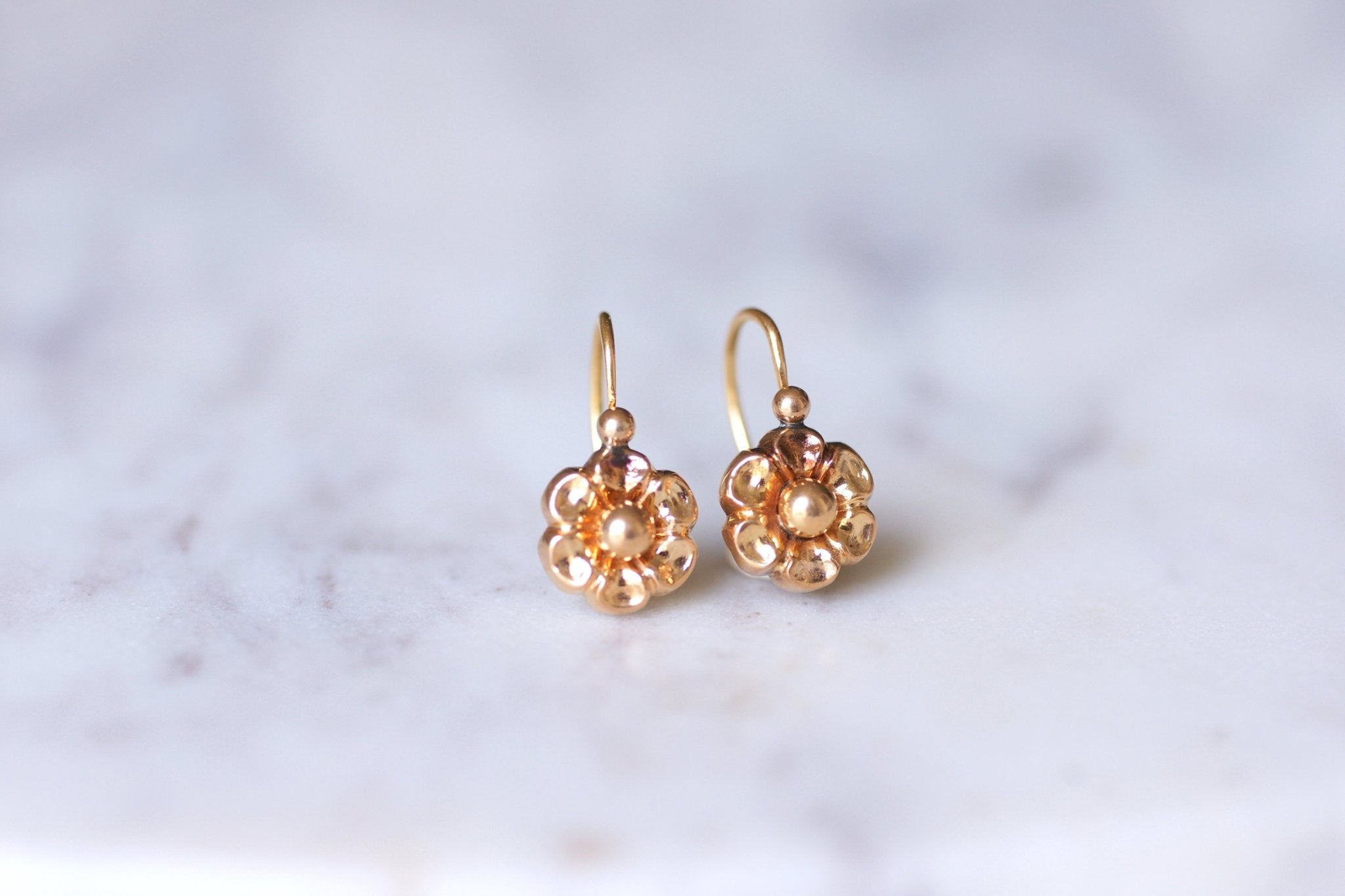 Boucles D'oreilles Dormeuses Fleur CZ Vert - Doré Rose, Légères, Neuves, Création Unique