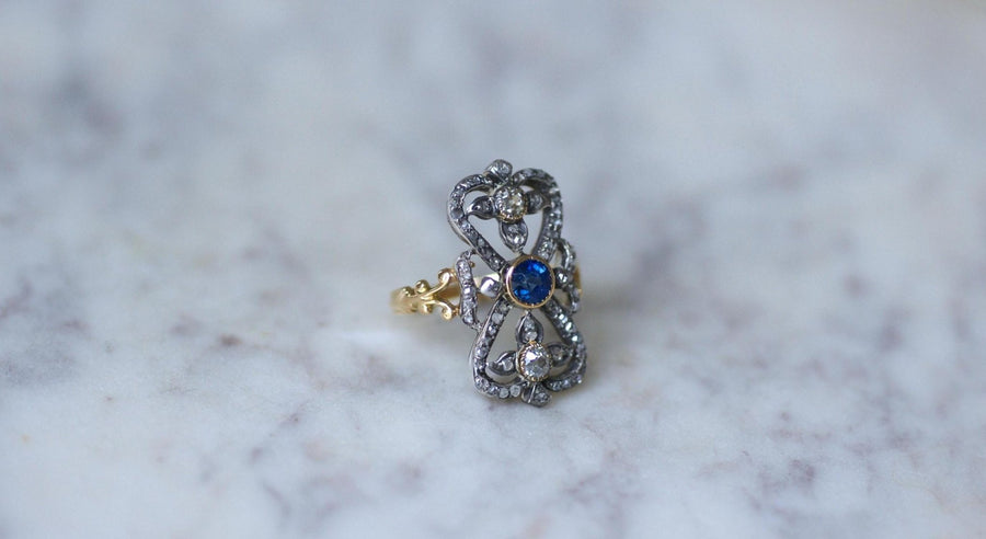 Antique Sapphire and Diamond Ring on Yellow Gold and Silver - Galerie Pénélope