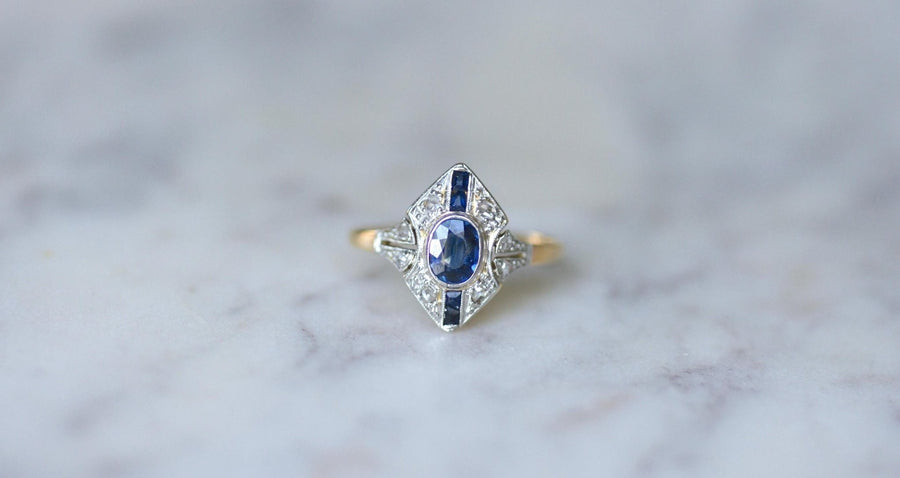 Art Deco Marquise Sapphires and Diamonds Ring - Galerie Pénélope