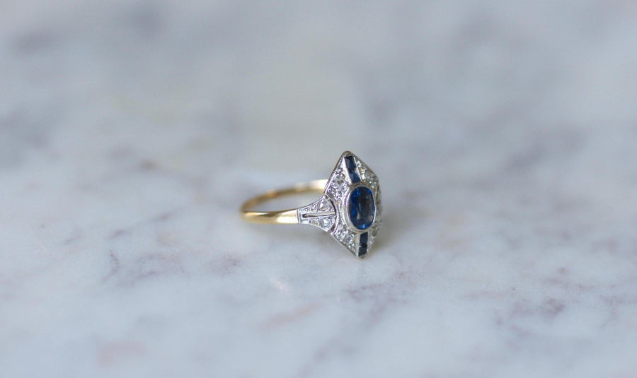 Art Deco Marquise Sapphires and Diamonds Ring - Galerie Pénélope