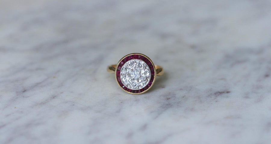 Art Deco Target Ring Diamonds and Rubies on Yellow Gold - Galerie Pénélope