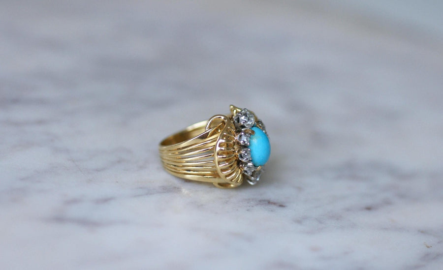 Turquoise and Yellow Gold Diamond Cocktail Ring - Galerie Pénélope