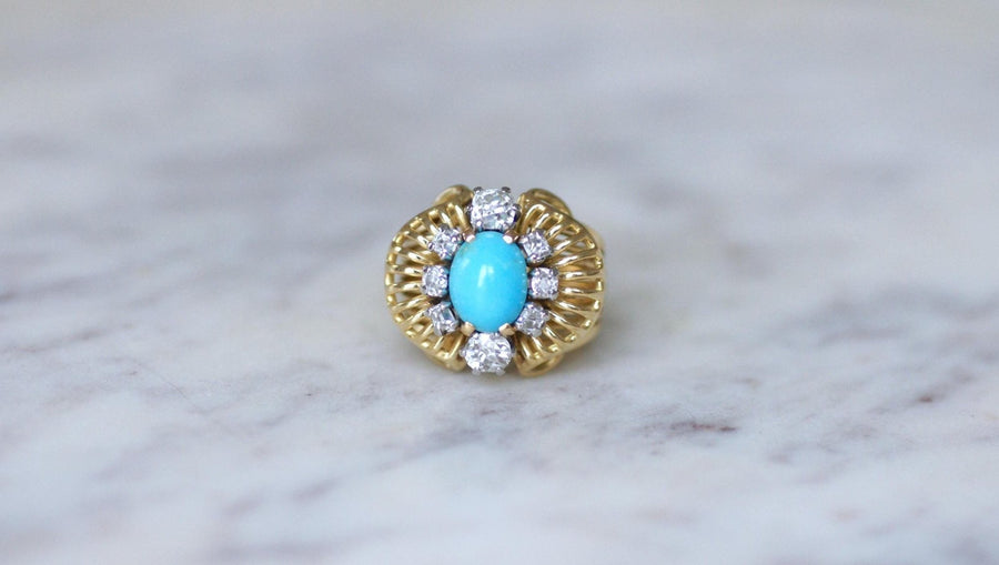 Turquoise and Yellow Gold Diamond Cocktail Ring - Galerie Pénélope