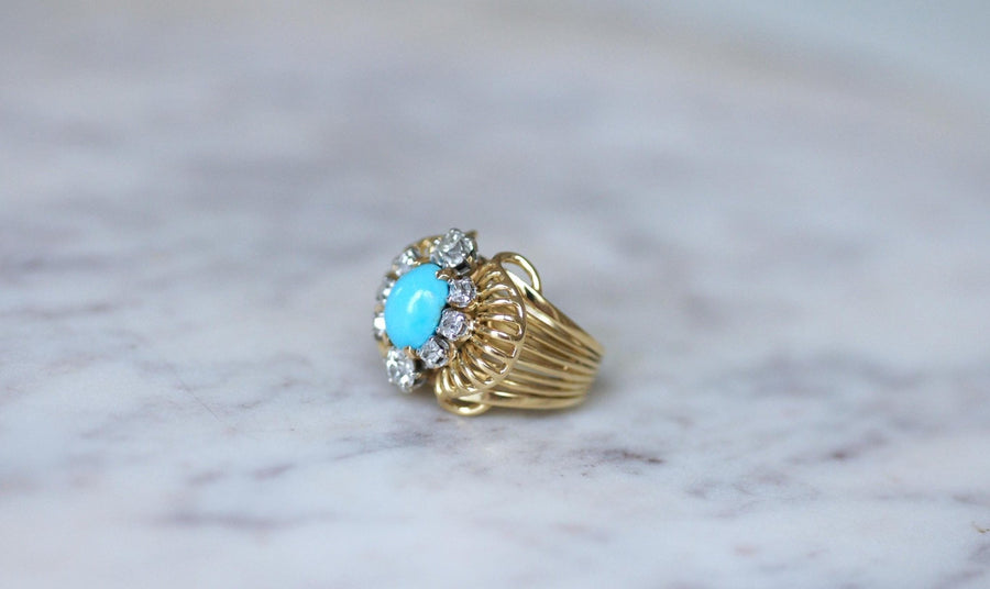 Turquoise and Yellow Gold Diamond Cocktail Ring - Galerie Pénélope