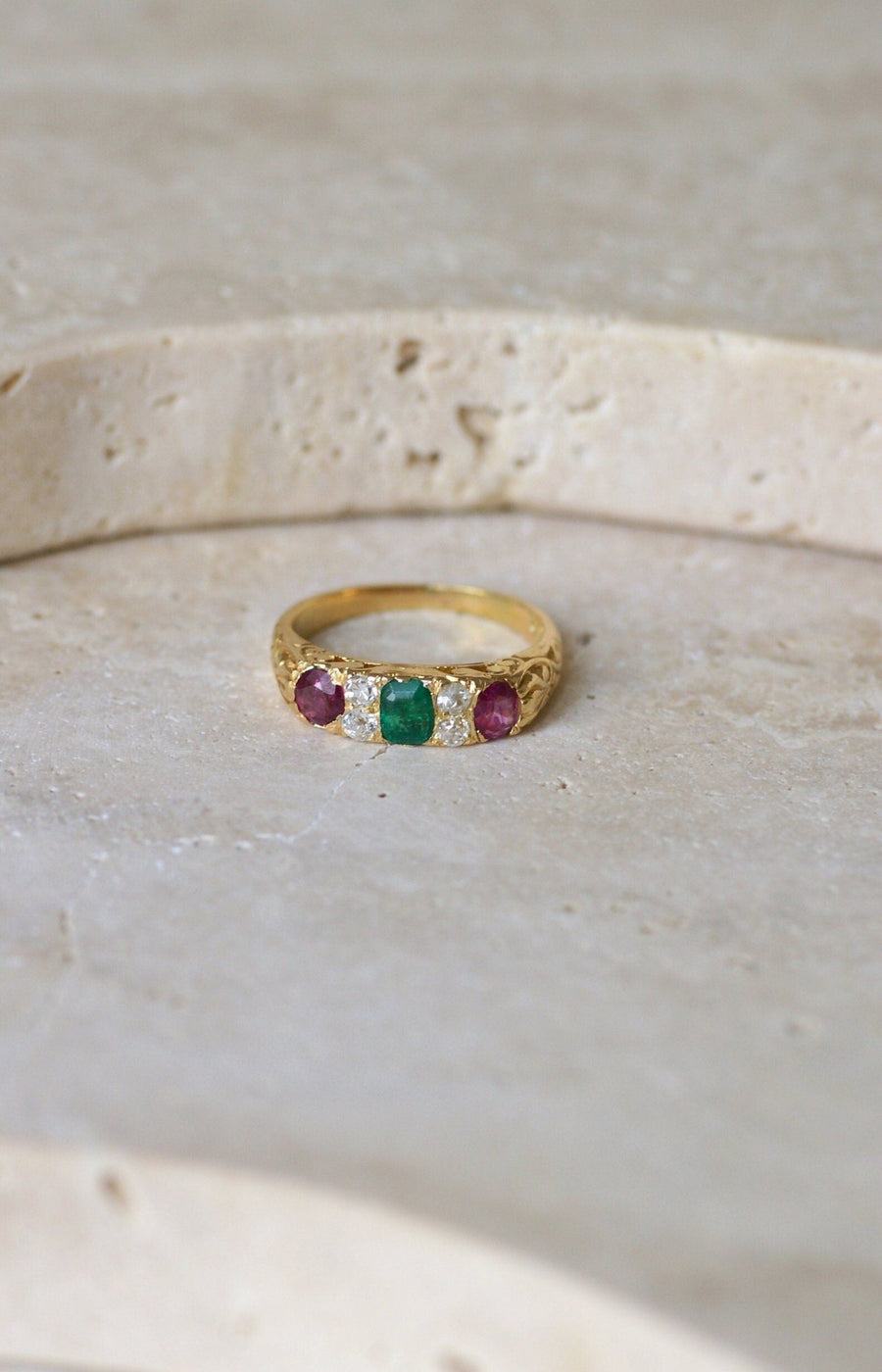 Ruby Emerald and Yellow Gold Diamond Garter Ring - Galerie Pénélope