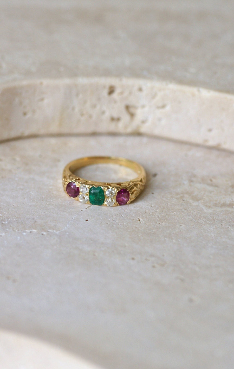 Ruby Emerald and Yellow Gold Diamond Garter Ring - Galerie Pénélope