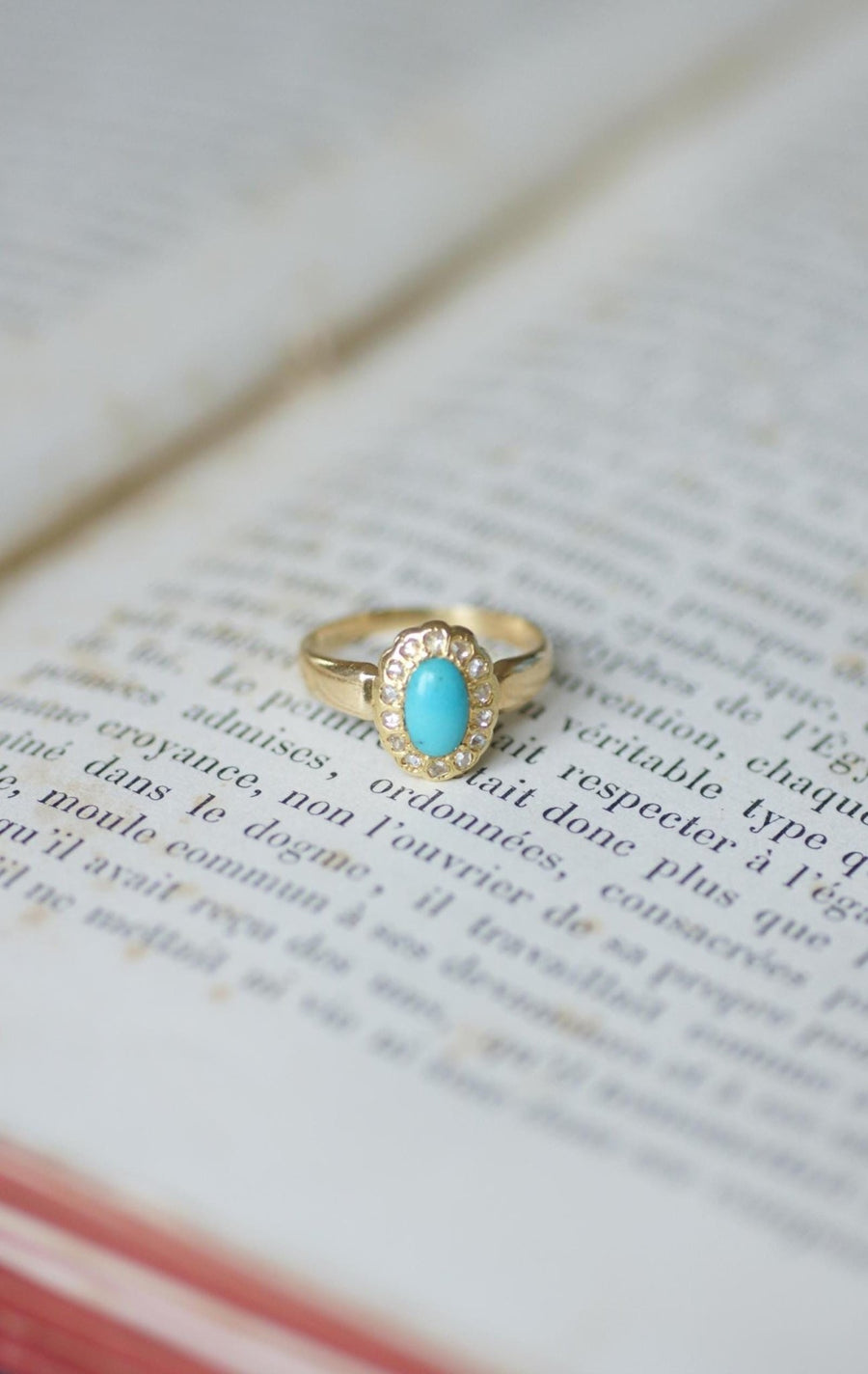 Antique Daisy Ring Turquoise Diamonds Yellow Gold - Galerie Pénélope