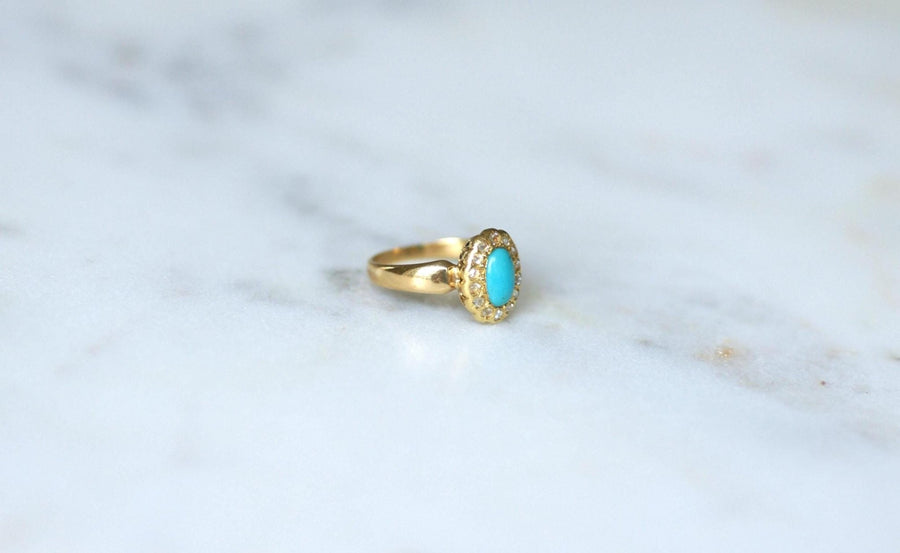 Antique Daisy Ring Turquoise Diamonds Yellow Gold - Galerie Pénélope