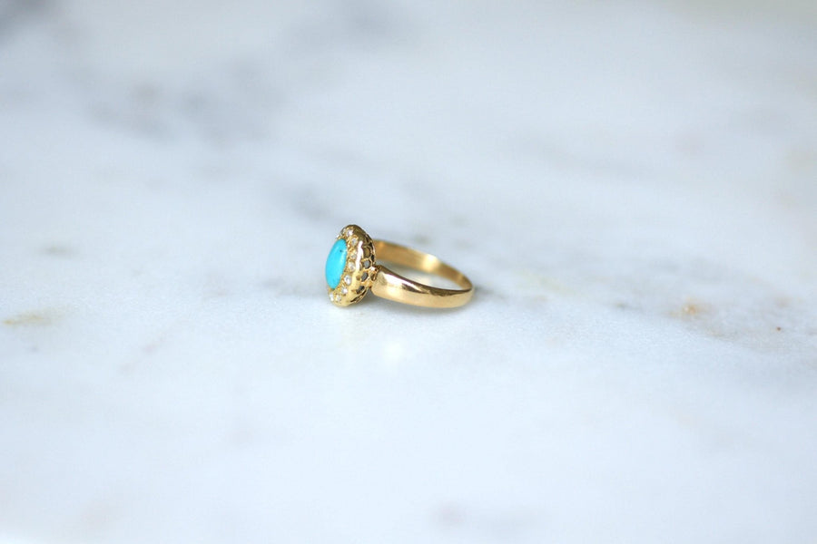 Antique Daisy Ring Turquoise Diamonds Yellow Gold - Galerie Pénélope
