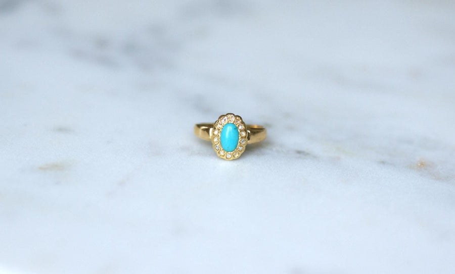 Antique Daisy Ring Turquoise Diamonds Yellow Gold - Galerie Pénélope