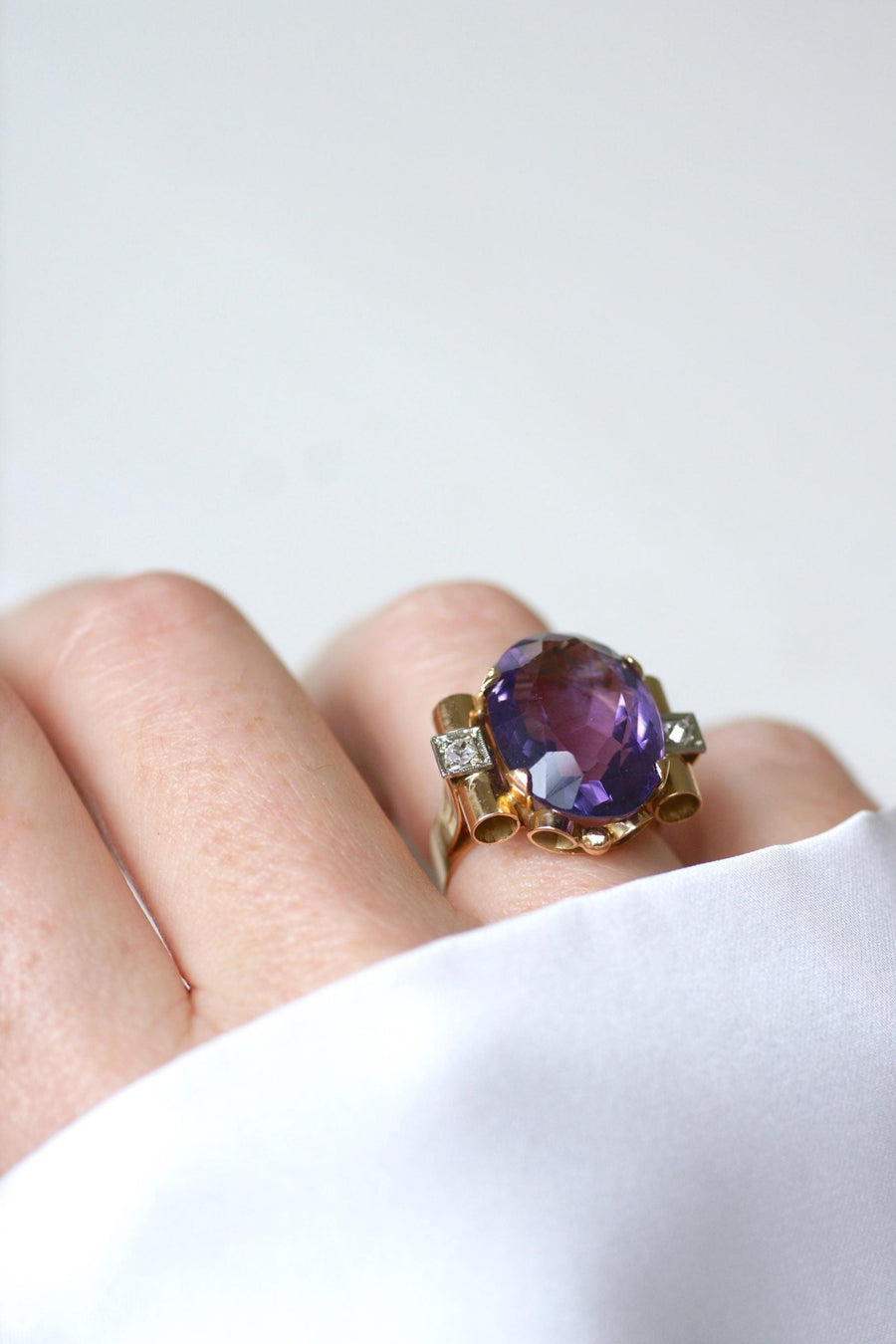 Tank Amethyst and Diamonds on Yellow Gold Ring - Galerie Pénélope