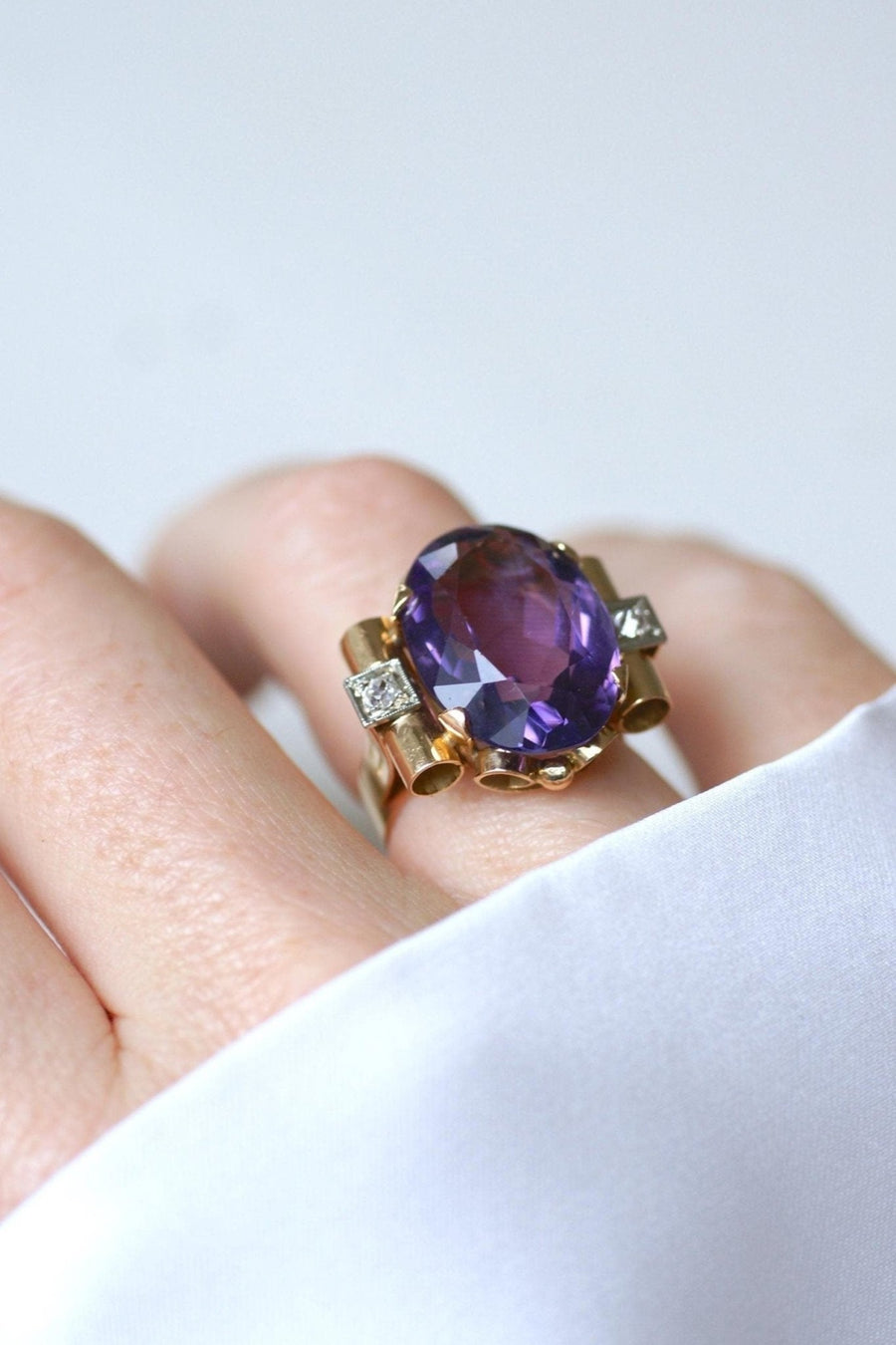 Tank Amethyst and Diamonds on Yellow Gold Ring - Galerie Pénélope