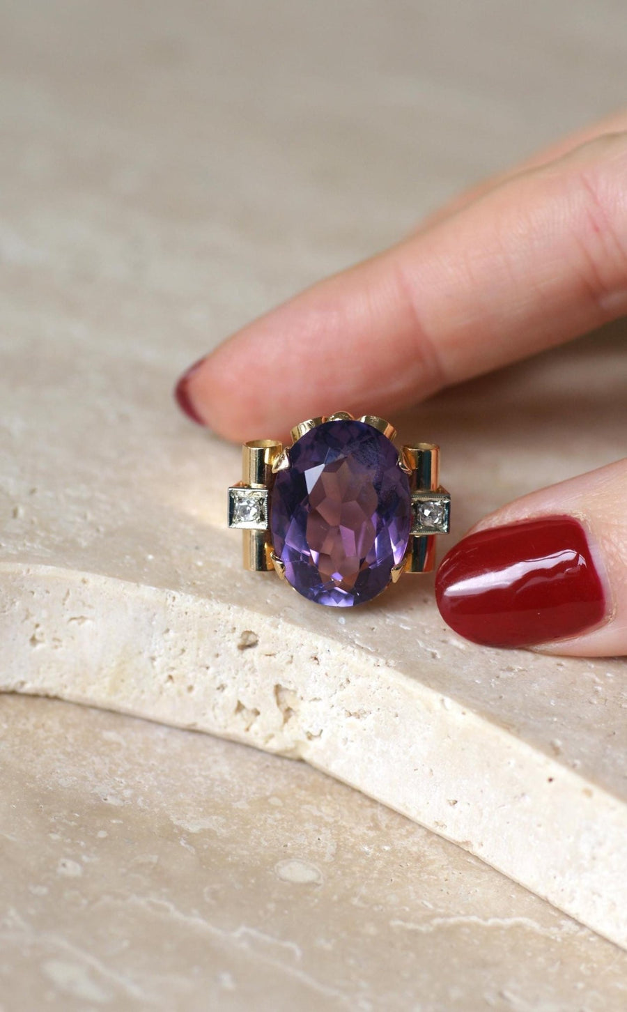 Tank Amethyst and Diamonds on Yellow Gold Ring - Galerie Pénélope