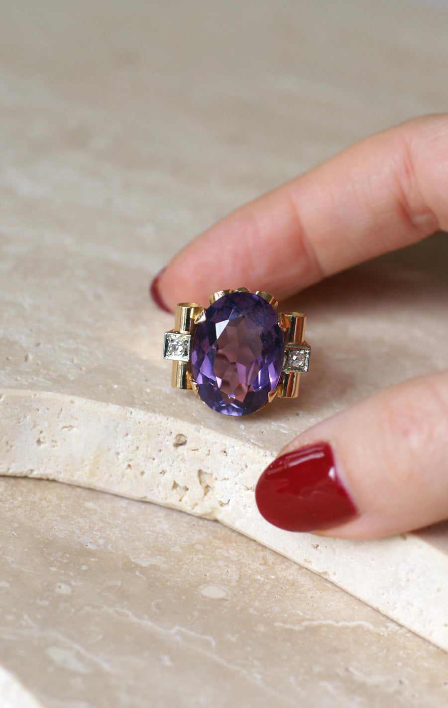 Tank Amethyst and Diamonds on Yellow Gold Ring - Galerie Pénélope