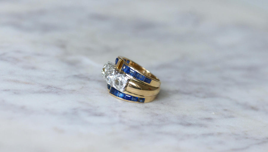 Asymmetrical Tank Ring Diamonds and Sapphires - Galerie Pénélope