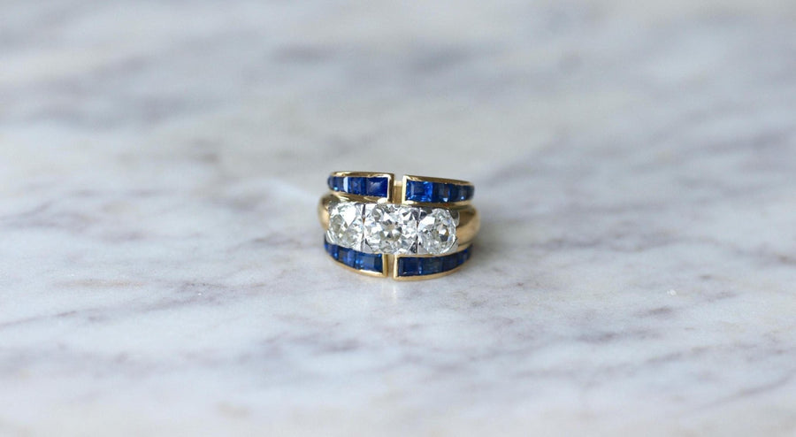 Asymmetrical Tank Ring Diamonds and Sapphires - Galerie Pénélope