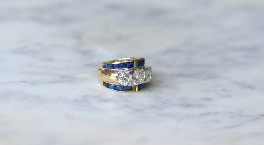 Asymmetrical Tank Ring Diamonds and Sapphires - Galerie Pénélope