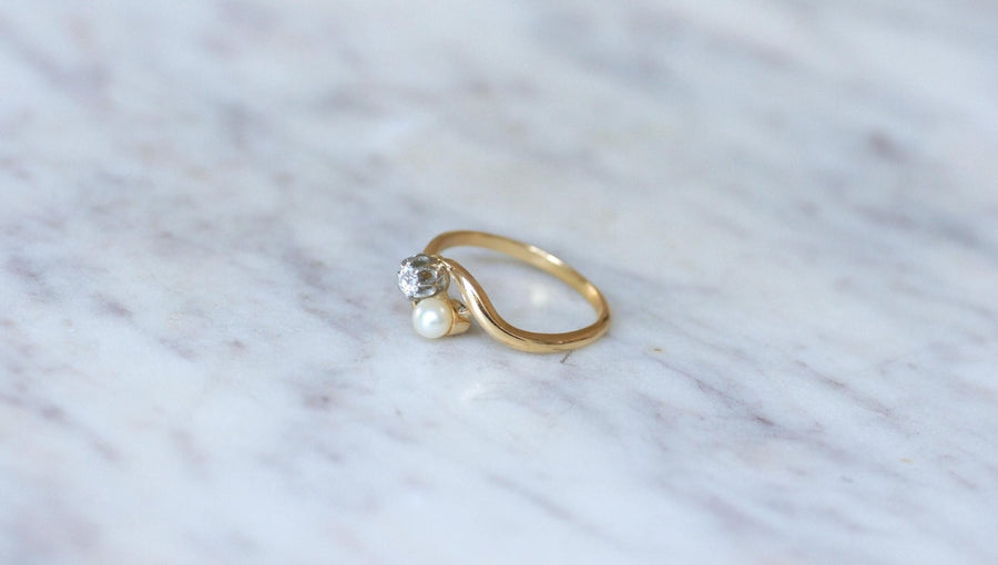 Toi et Moi Gold Platinum Pearl and Diamond Ring - Galerie Pénélope