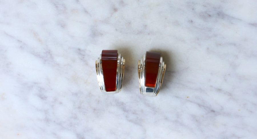 Earrings Clips Puiforcat Carnelian on Gold and Silver - Galerie Pénélope