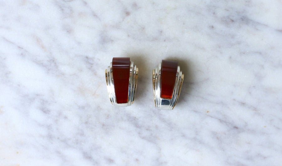 Earrings Clips Puiforcat Carnelian on Gold and Silver - Galerie Pénélope