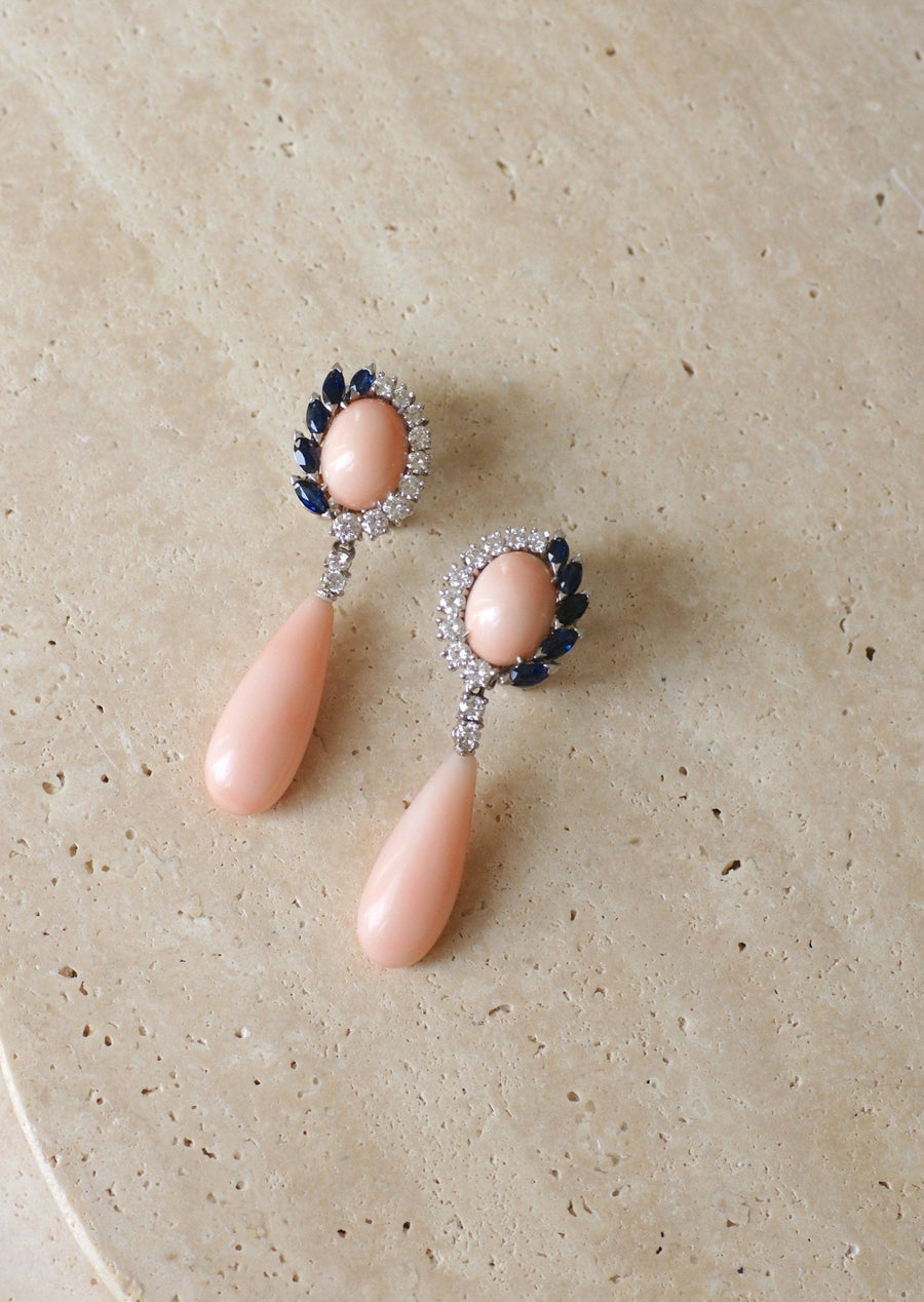 Coral Peau d'Ange Diamonds Sapphires White Gold Earrings - Galerie Pénélope