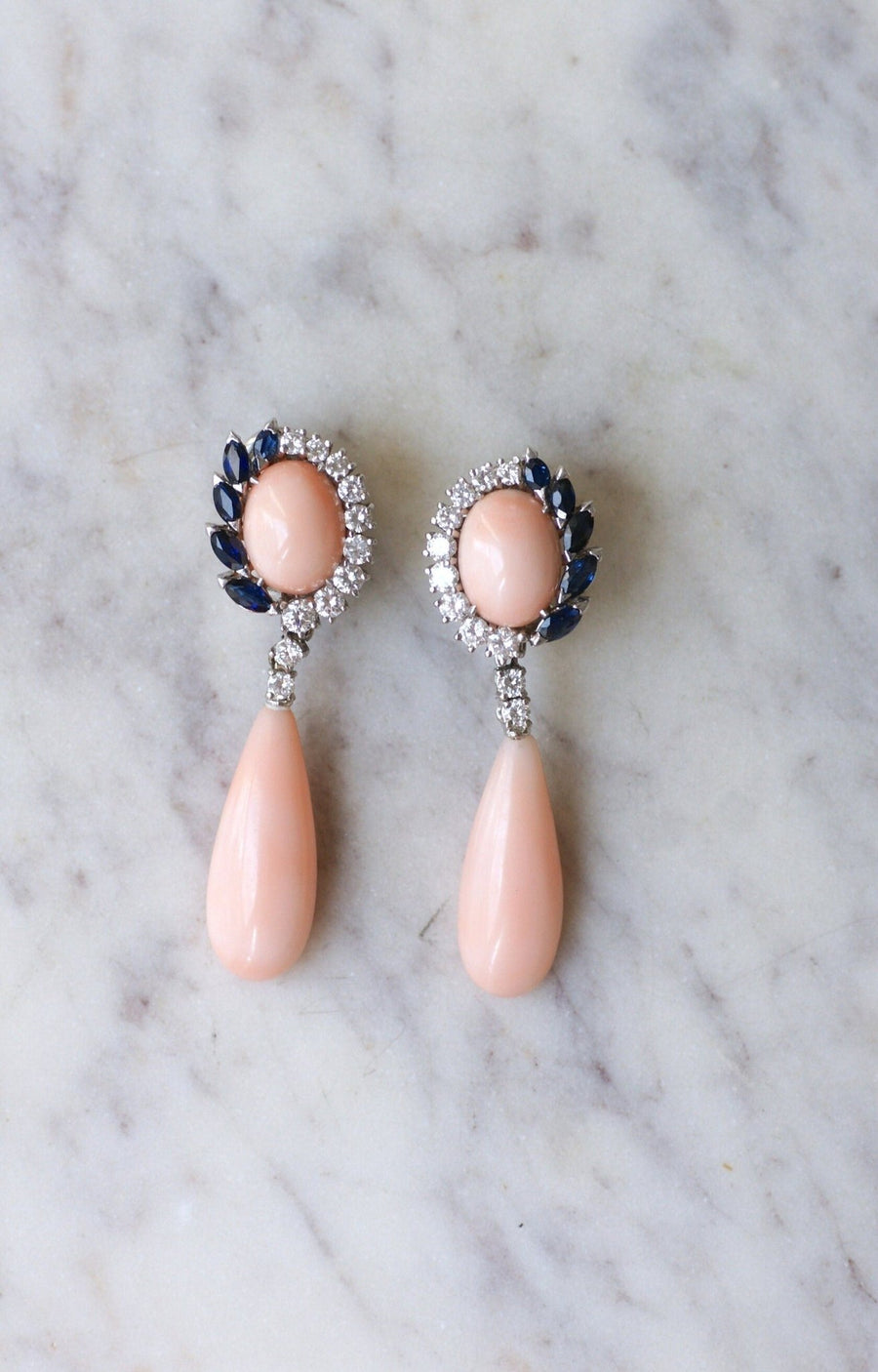 Coral Peau d'Ange Diamonds Sapphires White Gold Earrings - Galerie Pénélope