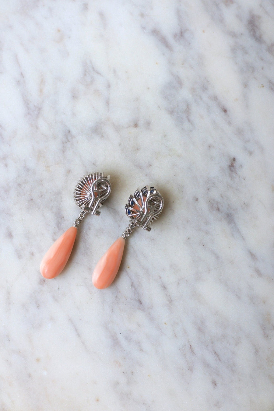 Coral Peau d'Ange Diamonds Sapphires White Gold Earrings - Galerie Pénélope