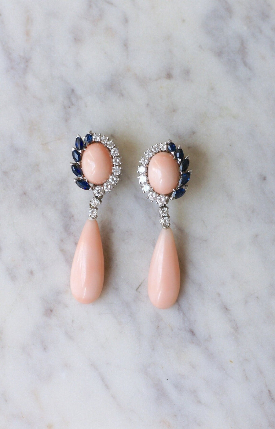 Coral Peau d'Ange Diamonds Sapphires White Gold Earrings - Galerie Pénélope