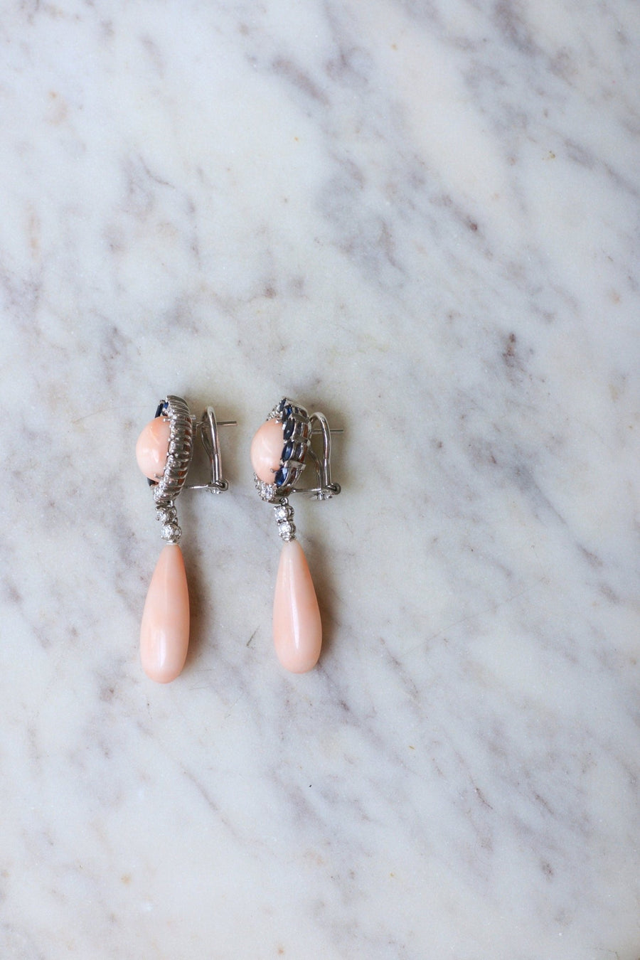 Coral Peau d'Ange Diamonds Sapphires White Gold Earrings - Galerie Pénélope
