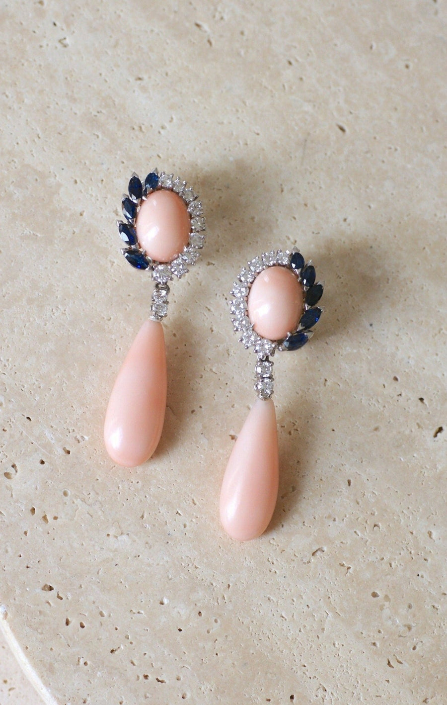 Coral Peau d'Ange Diamonds Sapphires White Gold Earrings - Galerie Pénélope