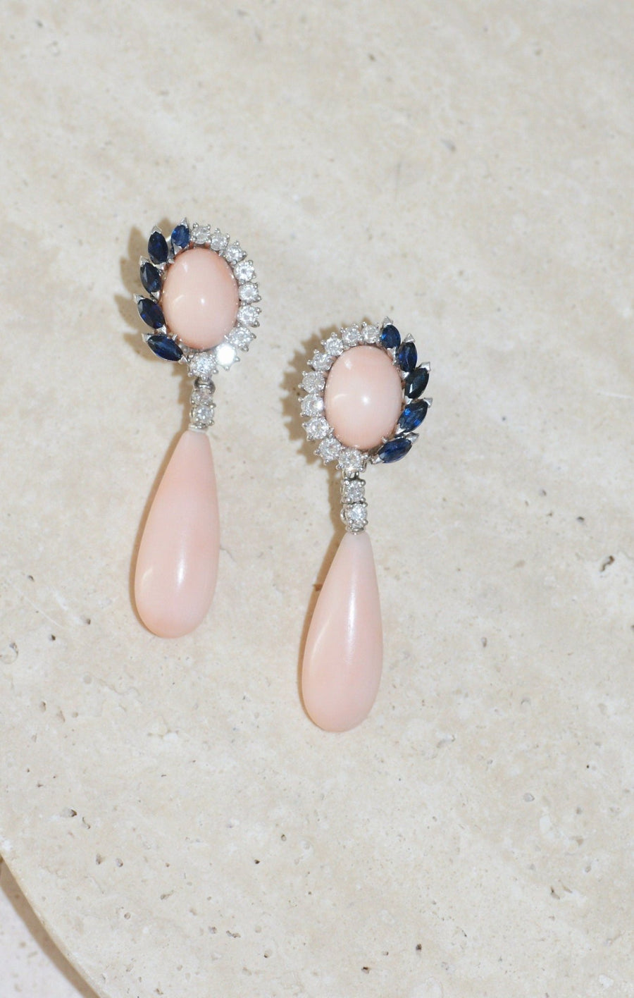 Coral Peau d'Ange Diamonds Sapphires White Gold Earrings - Galerie Pénélope