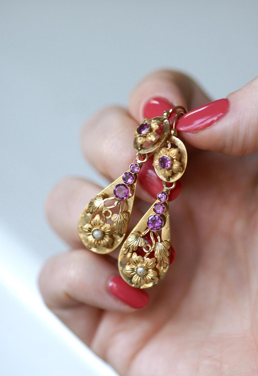 Garnet and Yellow Gold Drop Earrings - Galerie Pénélope