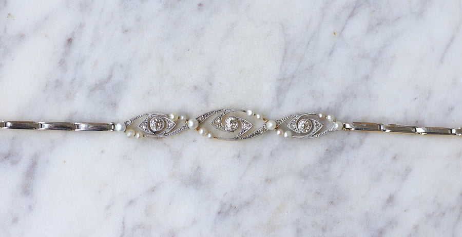 Art Deco bracelet with pearls and diamonds on gold and platinum - Galerie Pénélope