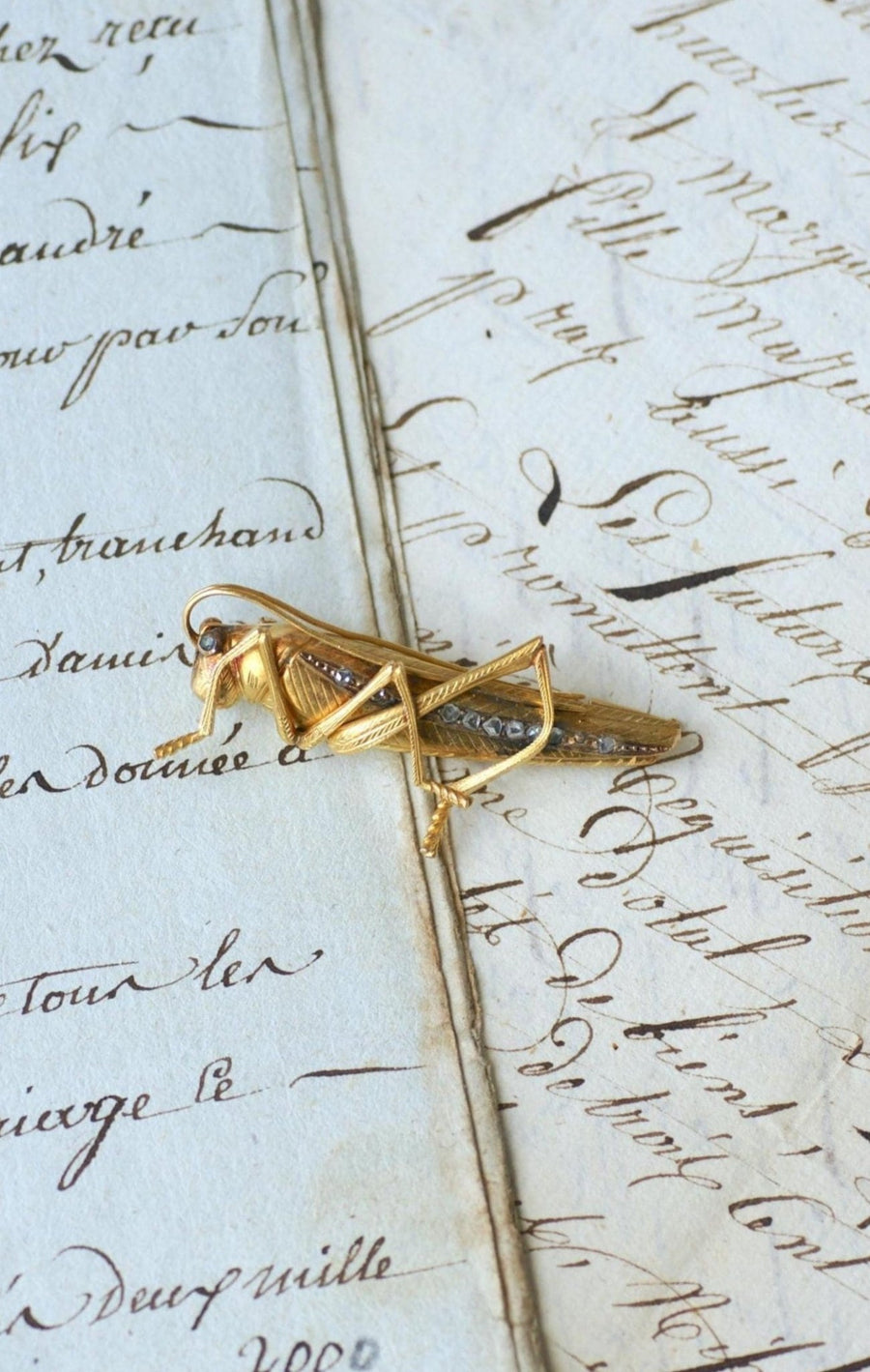 Antique Sauterelle Brooch in Yellow Gold and Diamonds - Galerie Pénélope