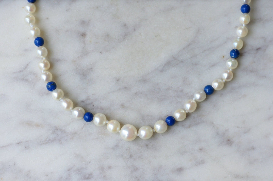 Cultured pearl and lapis lazuli necklace in yellow gold - Galerie Pénélope