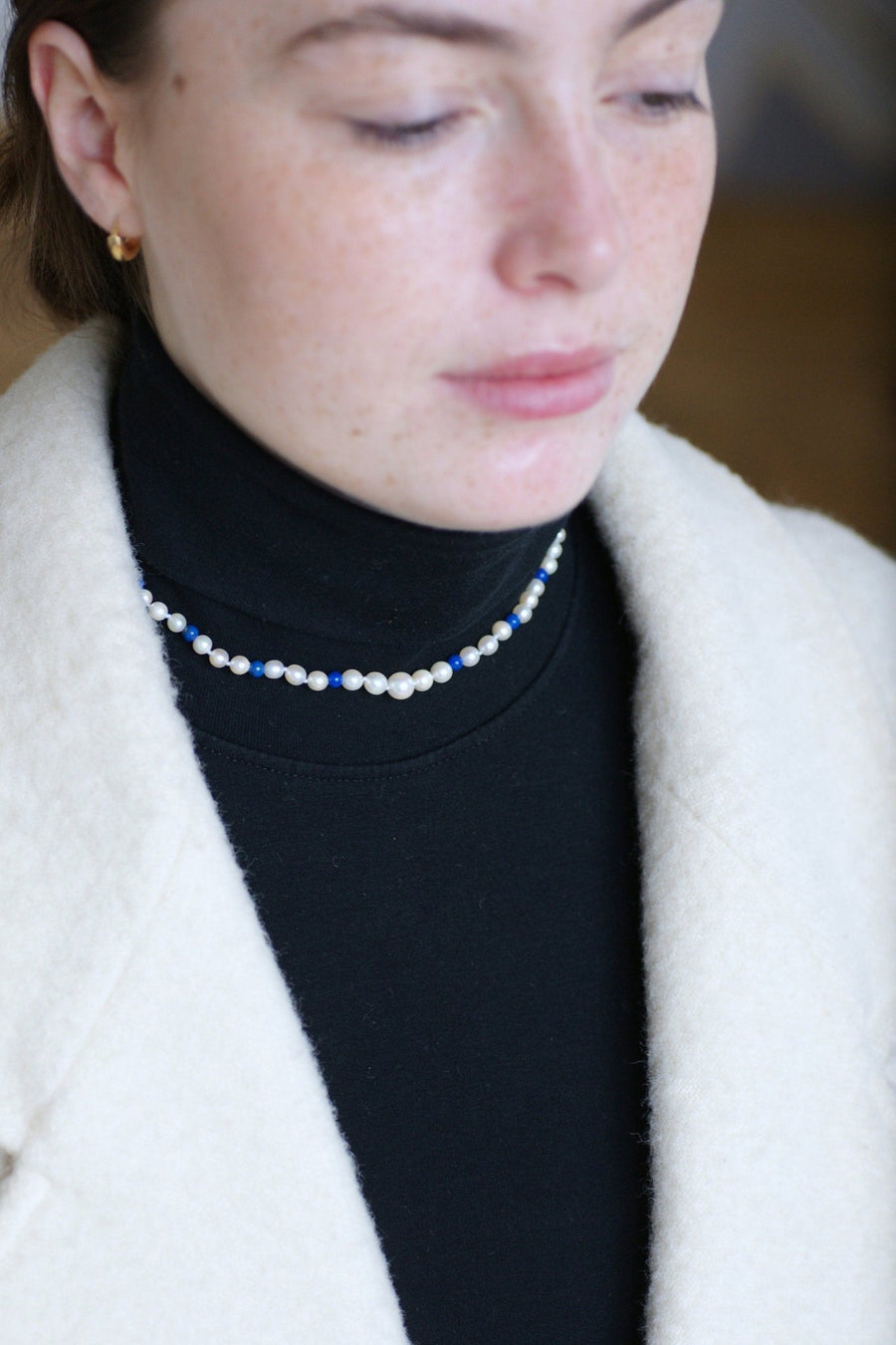 Cultured pearl and lapis lazuli necklace in yellow gold - Galerie Pénélope