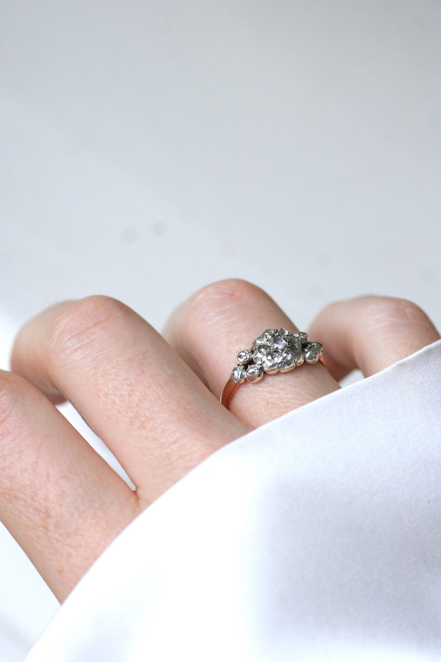 Antique Marguerite Garter Ring Diamonds on Pink Gold and Silver