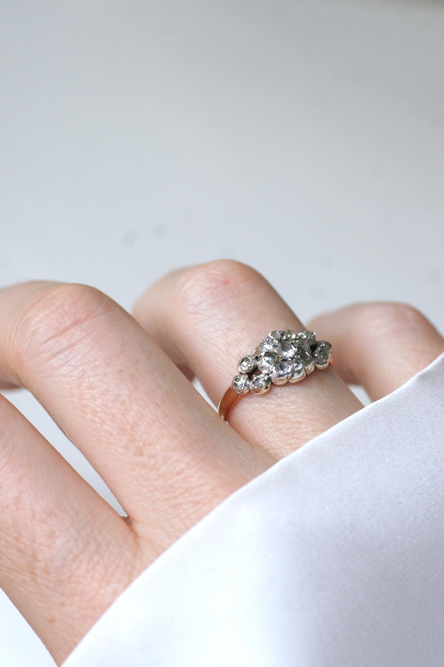 Antique Marguerite Garter Ring Diamonds on Pink Gold and Silver