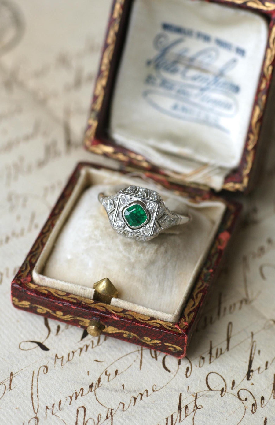 Art Deco Emerald and Diamonds on Platinum Ring