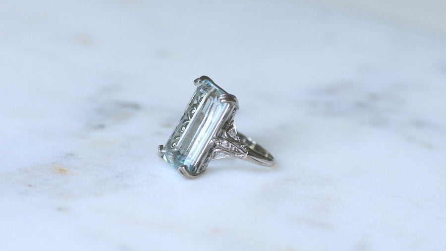 Aquamarine & Diamonds on Platinum Art Deco Cocktail Ring