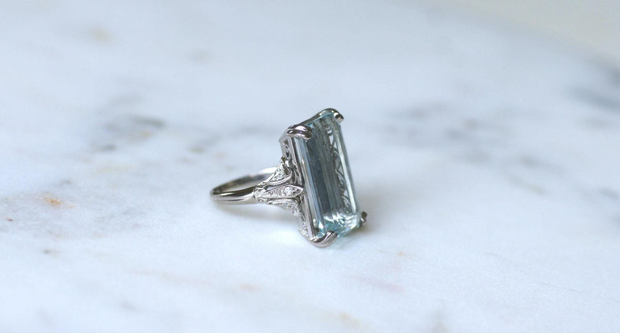 Aquamarine & Diamonds on Platinum Art Deco Cocktail Ring