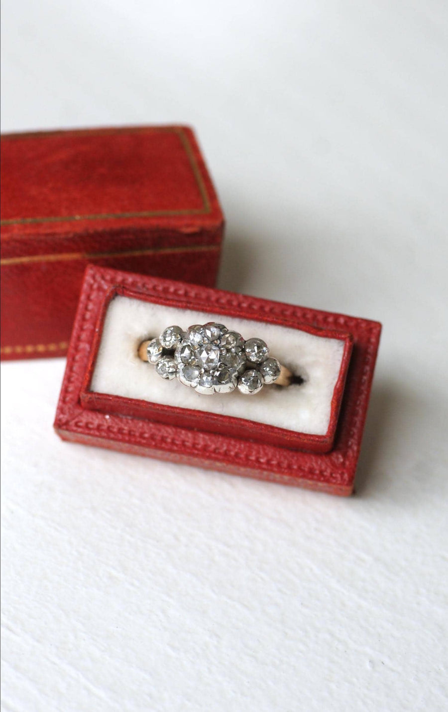 Antique Marguerite Garter Ring Diamonds on Pink Gold and Silver