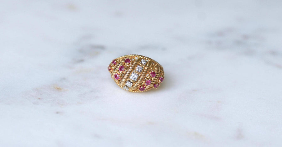 Twisted Ball Ring Diamonds and Rubies on Yellow Gold and Platinum