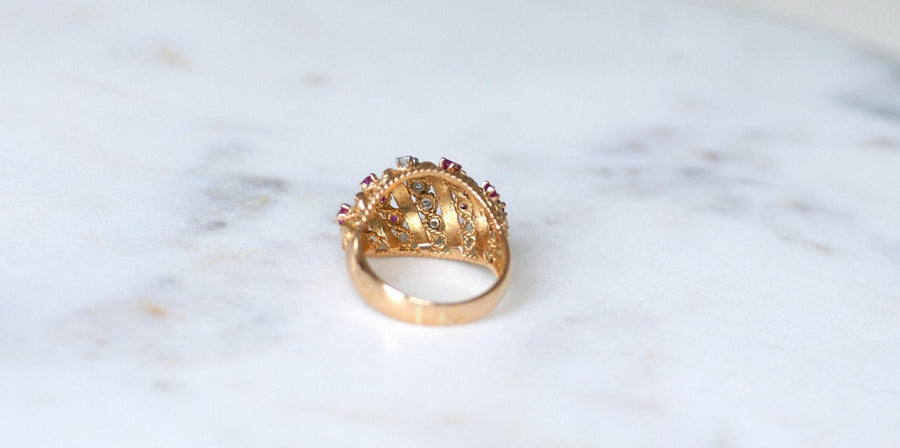Twisted Ball Ring Diamonds and Rubies on Yellow Gold and Platinum
