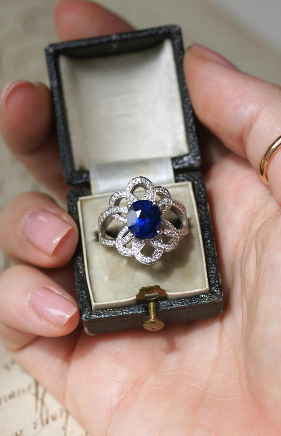 Flower Ring Volutes Ceylon Sapphire 2.80 Cts and Diamonds on White Gold