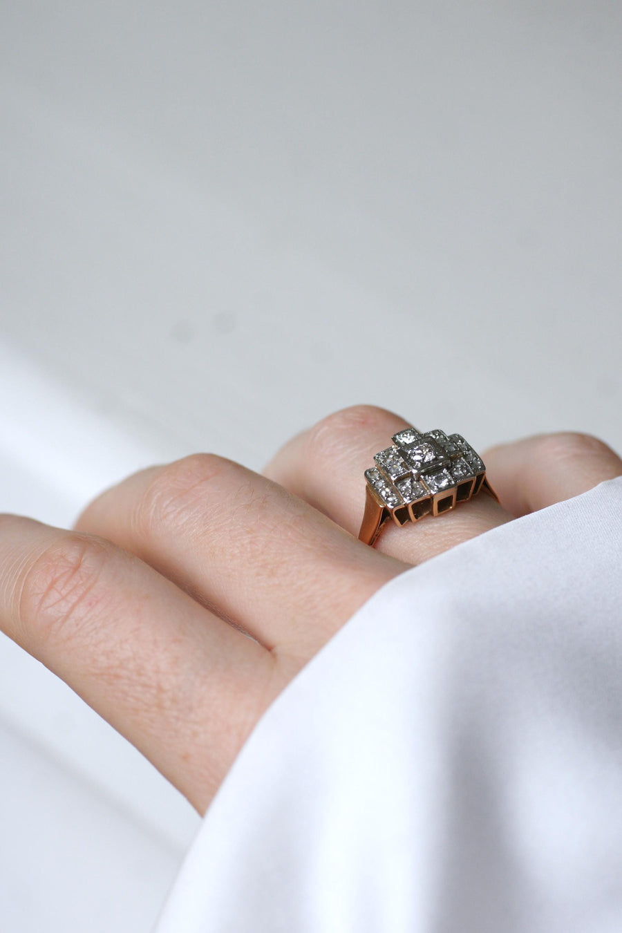 Art Deco Tank Escalier Diamonds rose gold and platinum ring