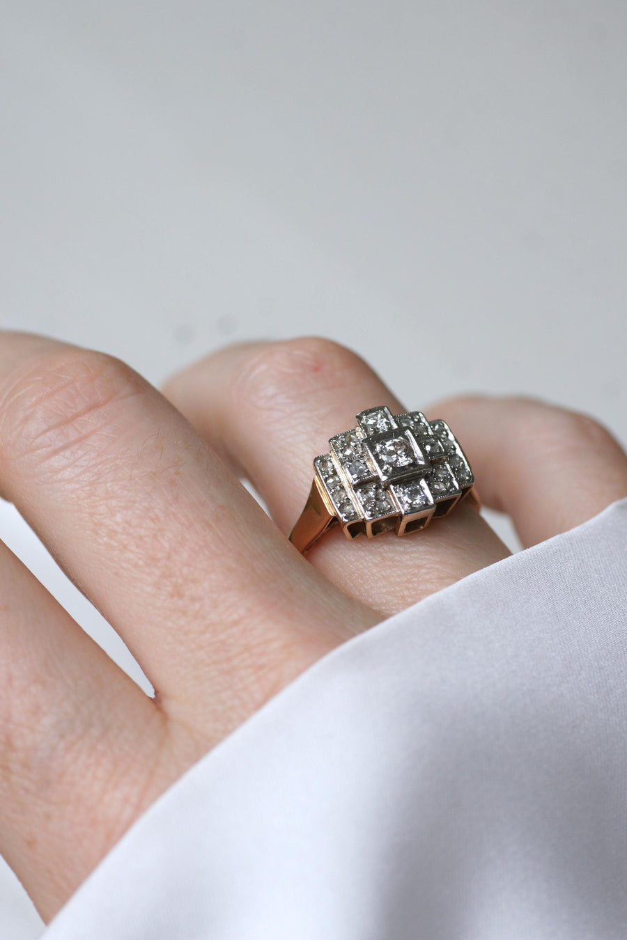 Art Deco Tank Escalier Diamonds rose gold and platinum ring