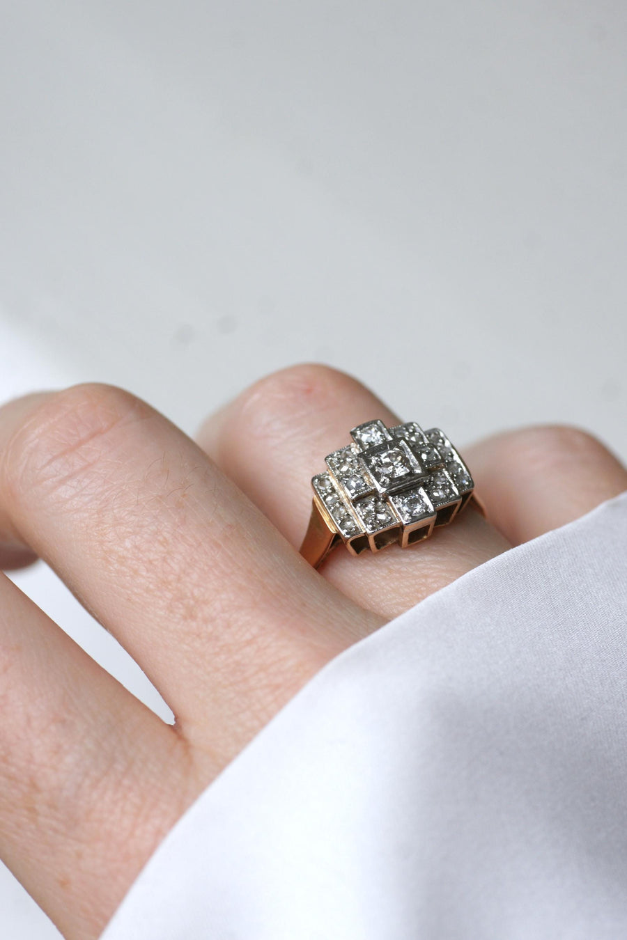 Art Deco Tank Escalier Diamonds rose gold and platinum ring